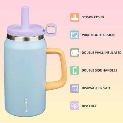 32 oz Insulated Tumbler with Handle, Straw & Lid, Stainless Steel | Leak Proof, Travel, Thermal, Double Wall Vacuum, Keeps Hot/Cold, Spill Proof, BPA Free, Dishwasher Safe, Camping, Navy Blue