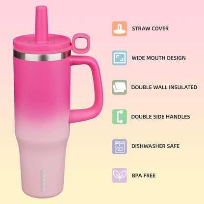 32 oz Insulated Tumbler with Handle, Straw & Lid, Stainless Steel | Leak Proof, Travel, Thermal, Double Wall Vacuum, Keeps Hot/Cold, Spill Proof, BPA Free, Dishwasher Safe, Camping, Navy Blue