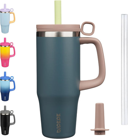 32 oz Insulated Tumbler with Handle, Straw & Lid, Stainless Steel | Leak Proof, Travel, Thermal, Double Wall Vacuum, Keeps Hot/Cold, Spill Proof, BPA Free, Dishwasher Safe, Camping, Navy Blue
