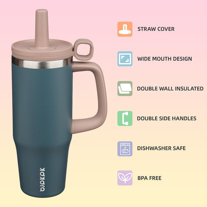 32 oz Insulated Tumbler with Handle, Straw & Lid, Stainless Steel | Leak Proof, Travel, Thermal, Double Wall Vacuum, Keeps Hot/Cold, Spill Proof, BPA Free, Dishwasher Safe, Camping, Navy Blue