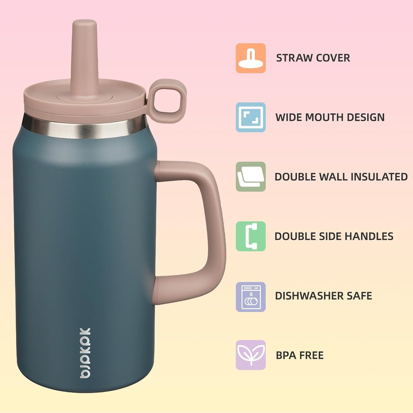 32 oz Insulated Tumbler with Handle, Straw & Lid, Stainless Steel | Leak Proof, Travel, Thermal, Double Wall Vacuum, Keeps Hot/Cold, Spill Proof, BPA Free, Dishwasher Safe, Camping, Navy Blue
