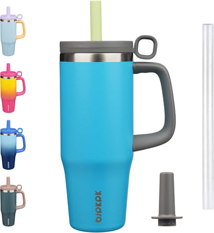 32 oz Insulated Tumbler with Handle, Straw & Lid, Stainless Steel | Leak Proof, Travel, Thermal, Double Wall Vacuum, Keeps Hot/Cold, Spill Proof, BPA Free, Dishwasher Safe, Camping, Navy Blue