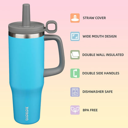 32 oz Insulated Tumbler with Handle, Straw & Lid, Stainless Steel | Leak Proof, Travel, Thermal, Double Wall Vacuum, Keeps Hot/Cold, Spill Proof, BPA Free, Dishwasher Safe, Camping, Navy Blue