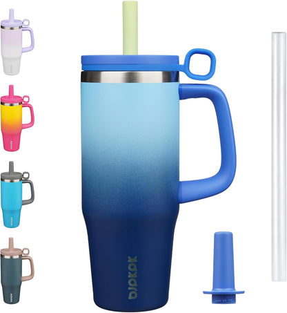 32 oz Insulated Tumbler with Handle, Straw & Lid, Stainless Steel | Leak Proof, Travel, Thermal, Double Wall Vacuum, Keeps Hot/Cold, Spill Proof, BPA Free, Dishwasher Safe, Camping, Navy Blue