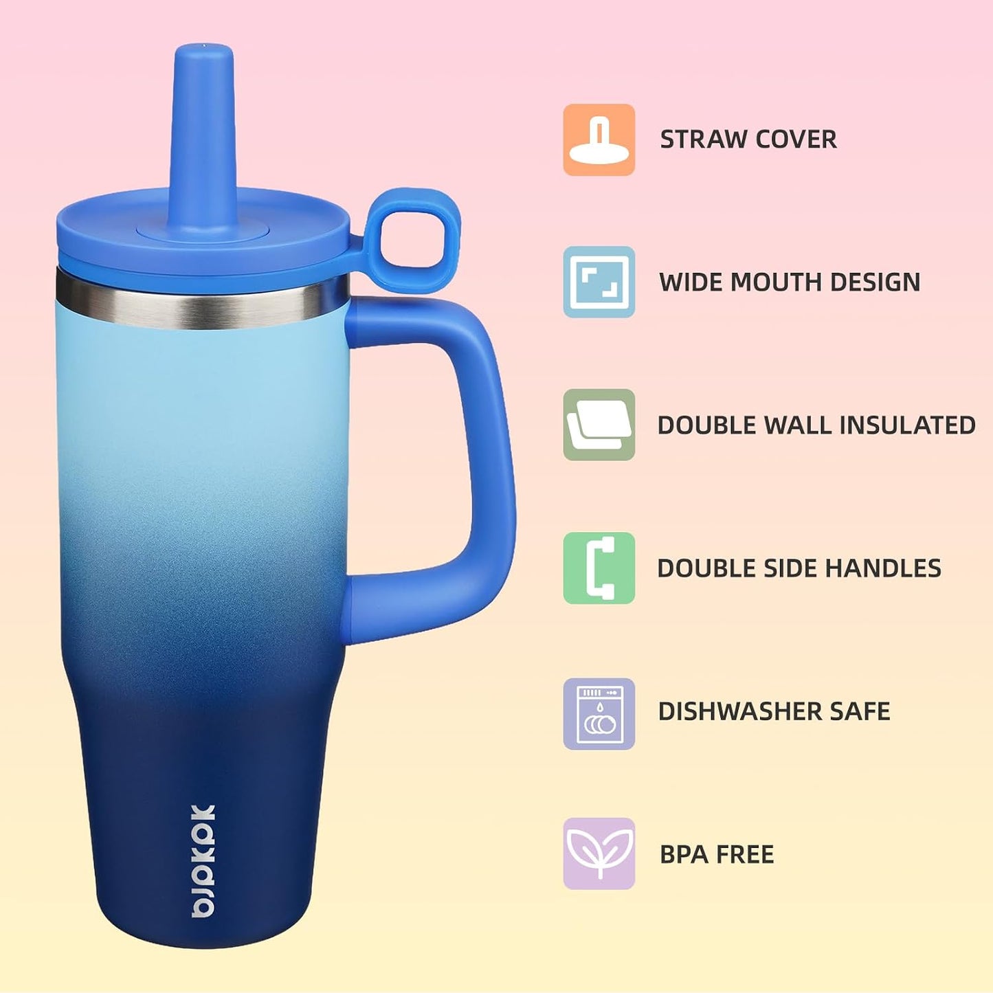 32 oz Insulated Tumbler with Handle, Straw & Lid, Stainless Steel | Leak Proof, Travel, Thermal, Double Wall Vacuum, Keeps Hot/Cold, Spill Proof, BPA Free, Dishwasher Safe, Camping, Navy Blue