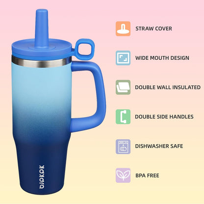 32 oz Insulated Tumbler with Handle, Straw & Lid, Stainless Steel | Leak Proof, Travel, Thermal, Double Wall Vacuum, Keeps Hot/Cold, Spill Proof, BPA Free, Dishwasher Safe, Camping, Navy Blue