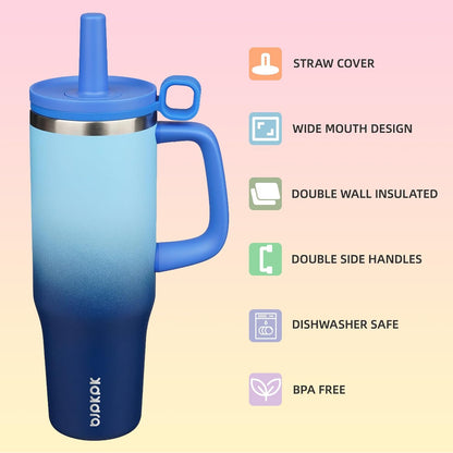 32 oz Insulated Tumbler with Handle, Straw & Lid, Stainless Steel | Leak Proof, Travel, Thermal, Double Wall Vacuum, Keeps Hot/Cold, Spill Proof, BPA Free, Dishwasher Safe, Camping, Navy Blue