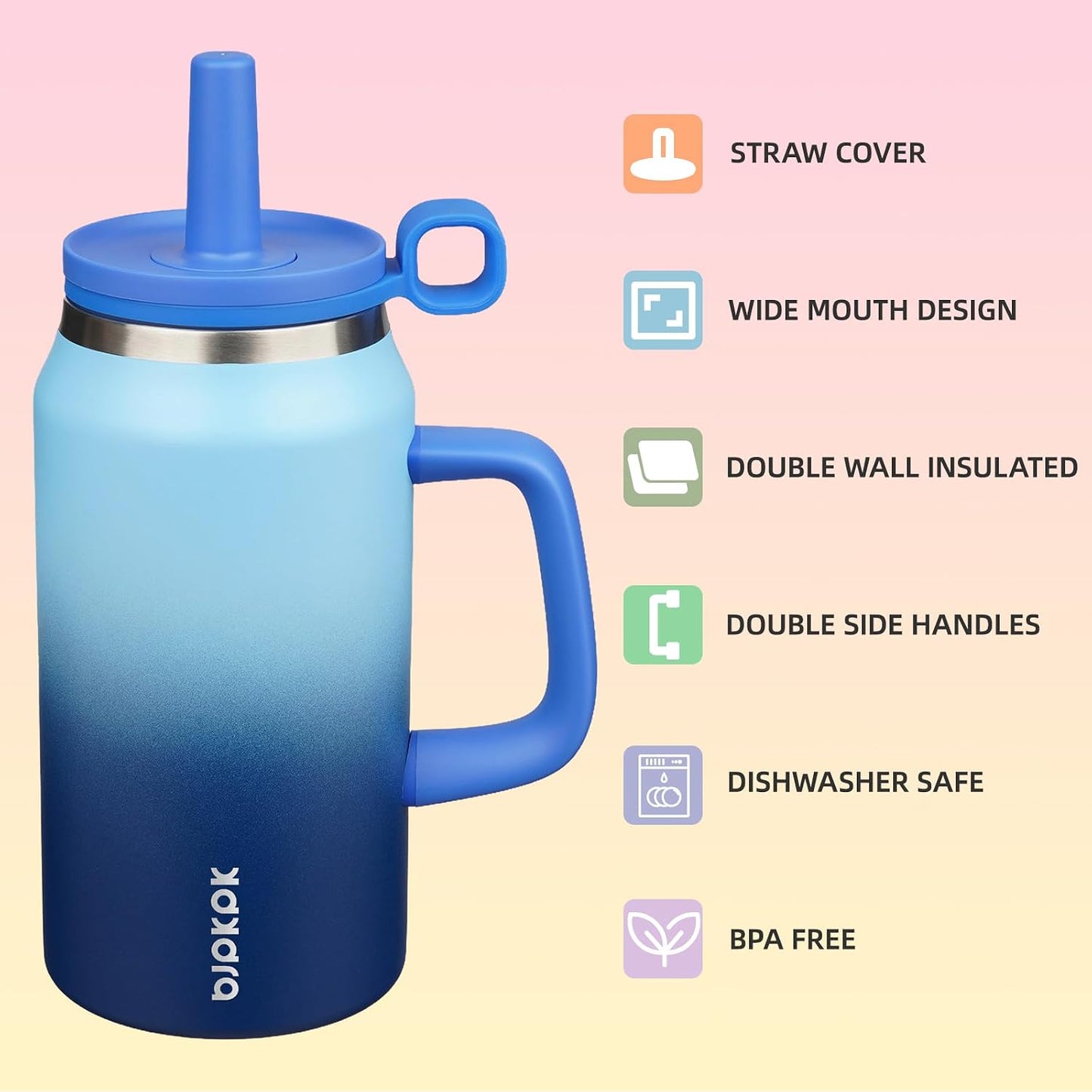 32 oz Insulated Tumbler with Handle, Straw & Lid, Stainless Steel | Leak Proof, Travel, Thermal, Double Wall Vacuum, Keeps Hot/Cold, Spill Proof, BPA Free, Dishwasher Safe, Camping, Navy Blue