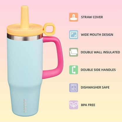 32 oz Insulated Tumbler with Handle, Straw & Lid, Stainless Steel | Leak Proof, Travel, Thermal, Double Wall Vacuum, Keeps Hot/Cold, Spill Proof, BPA Free, Dishwasher Safe, Camping, Navy Blue