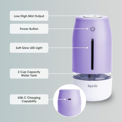 Aqua Glo Personal, Portable Humidifiers for Bedroom, Lavender