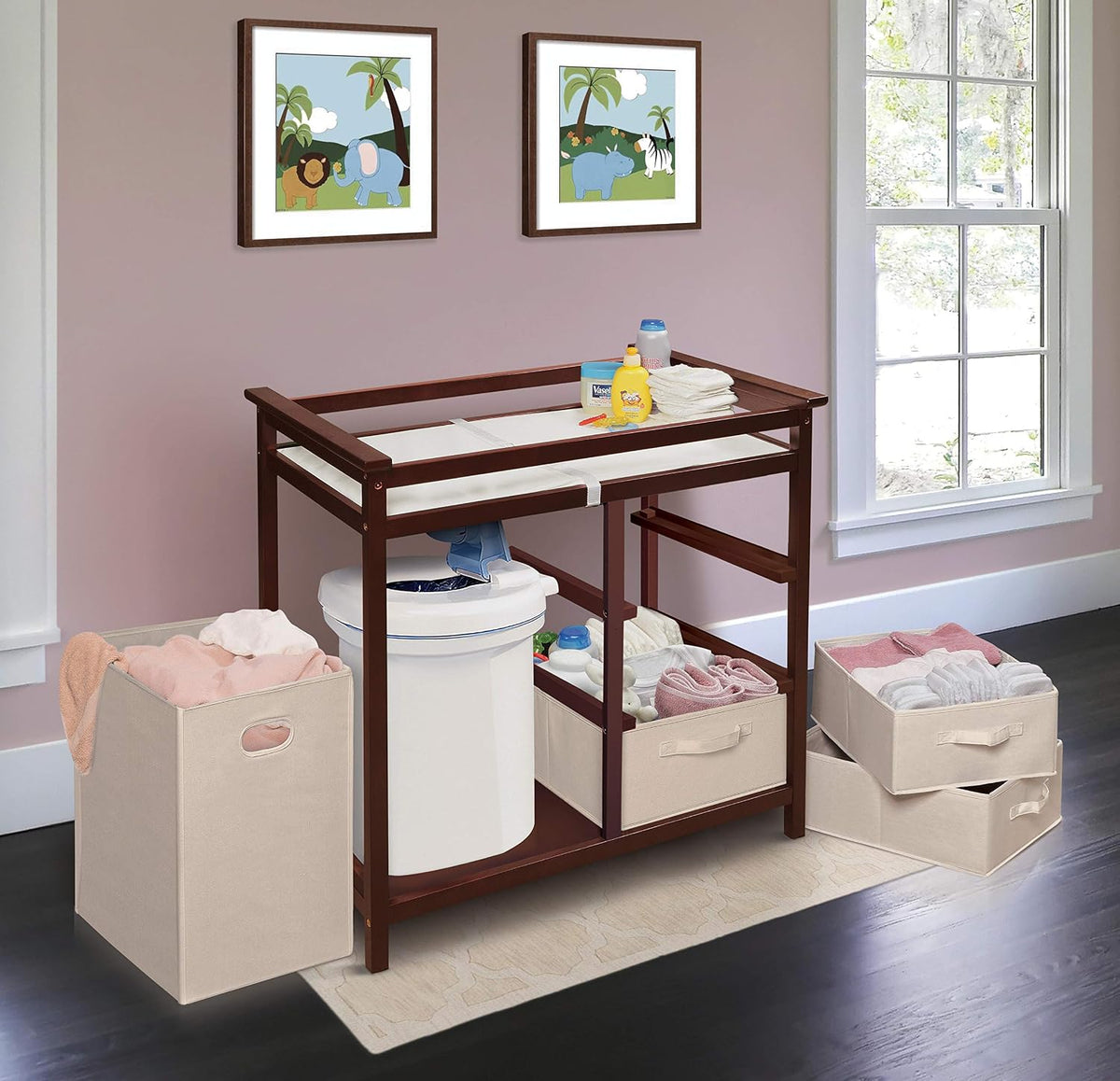 Baby Changing Table with Laundry Hamper & Storage - White