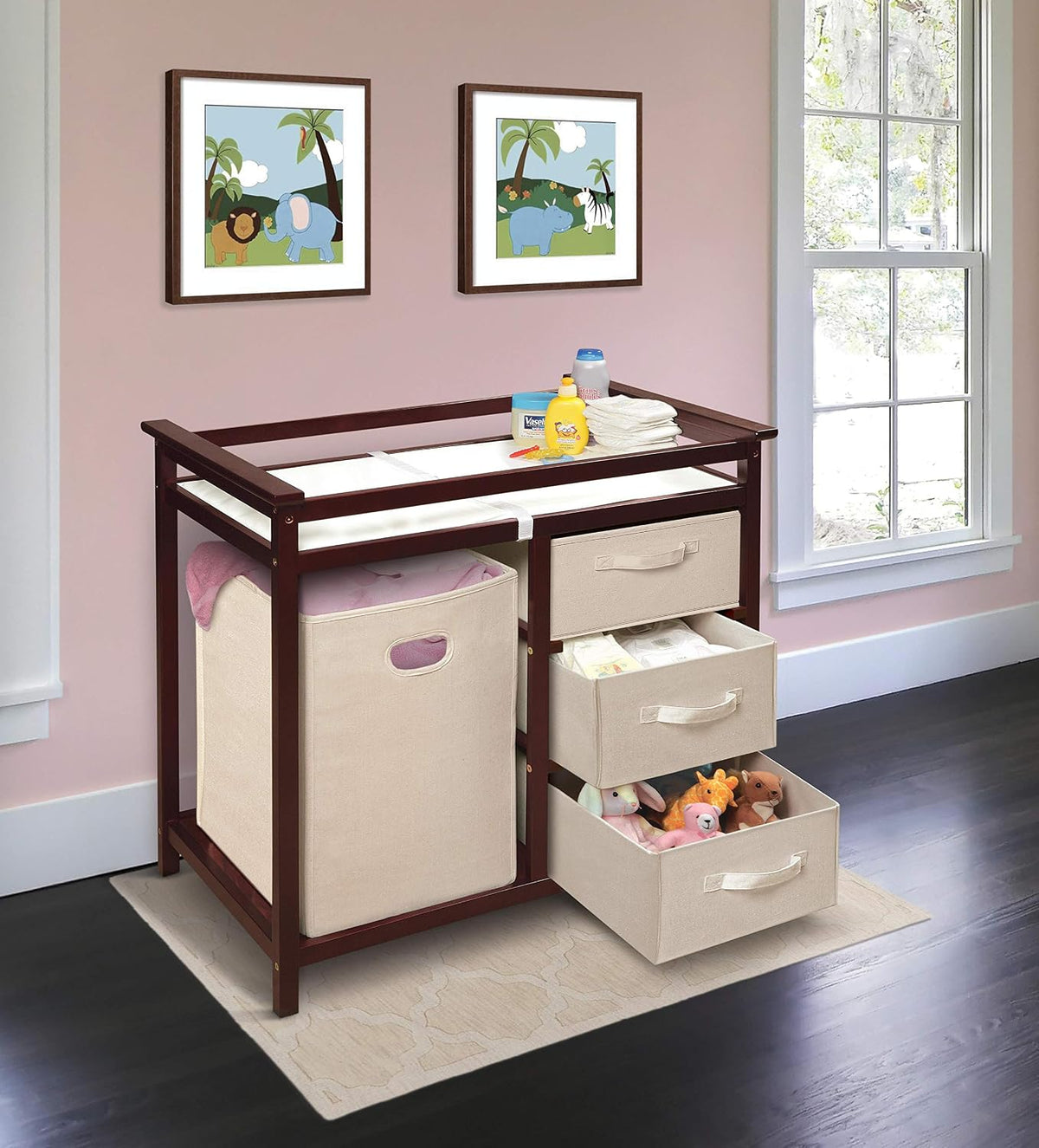 Baby Changing Table with Laundry Hamper & Storage - White