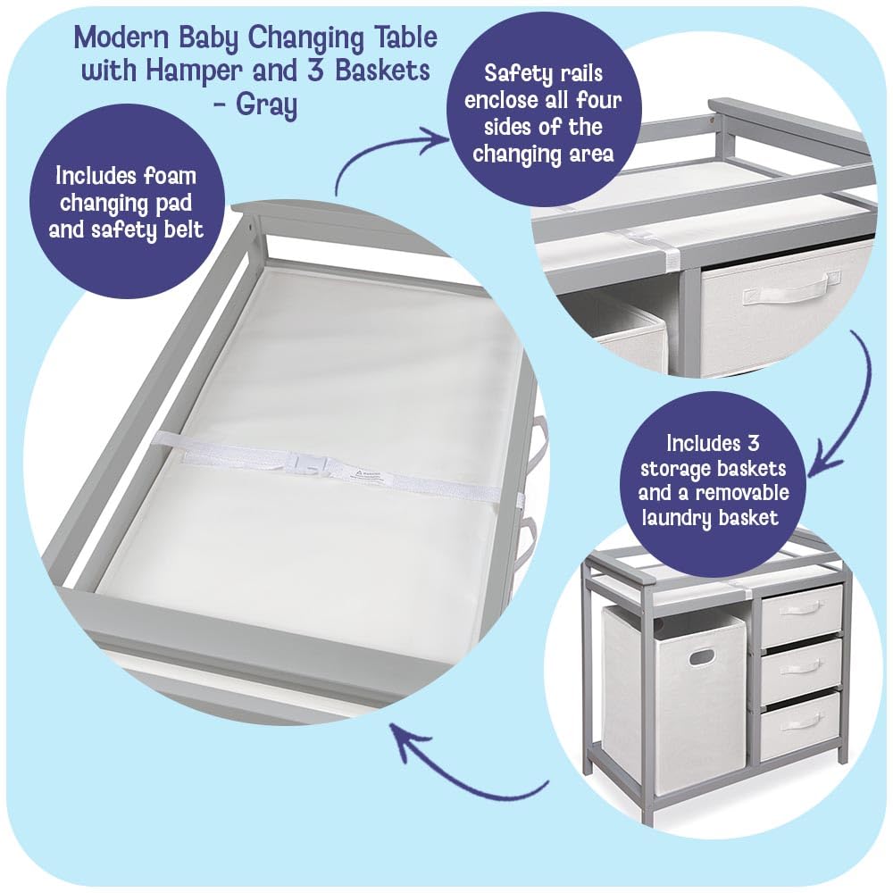 Baby Changing Table with Laundry Hamper & Storage - White