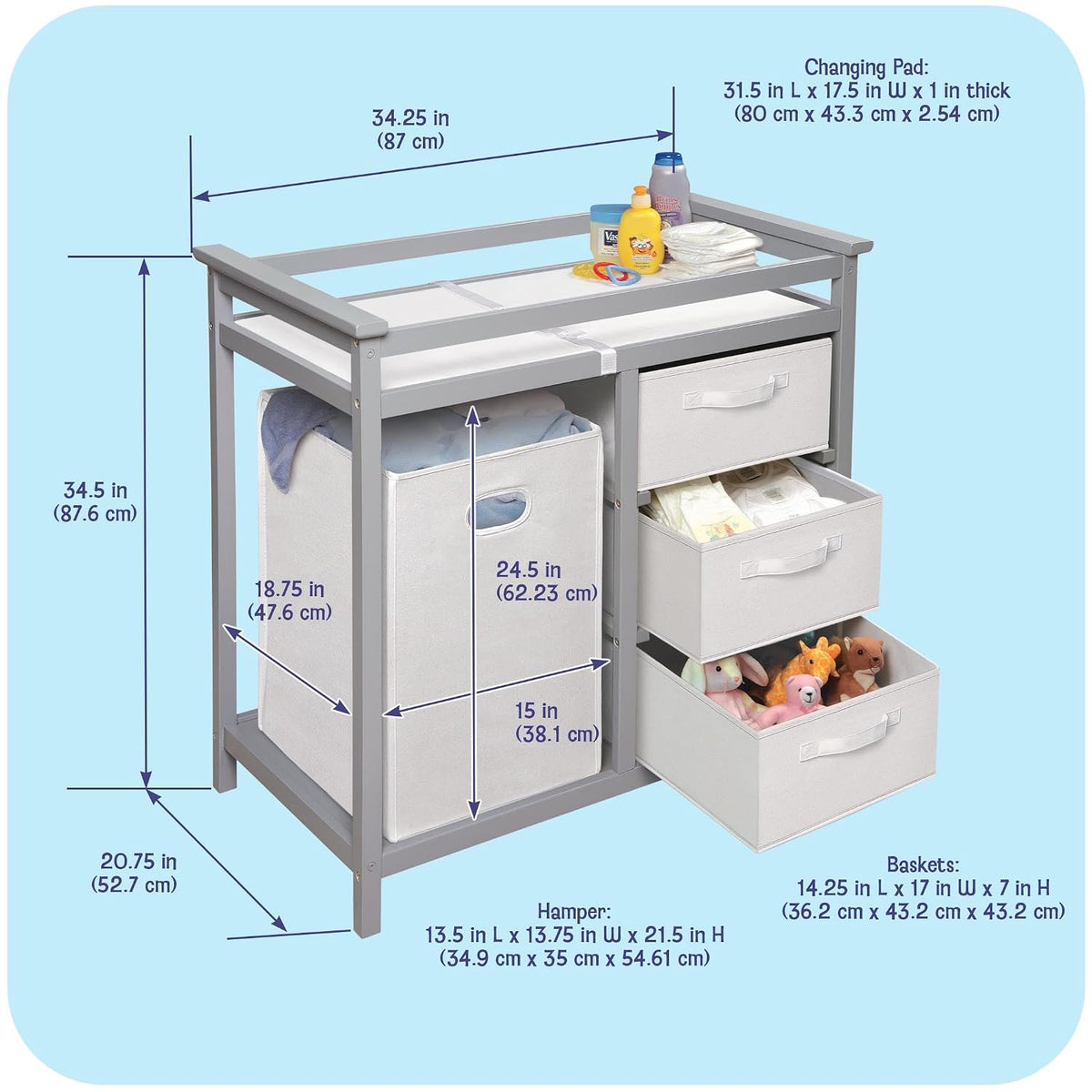 Baby Changing Table with Laundry Hamper & Storage - White