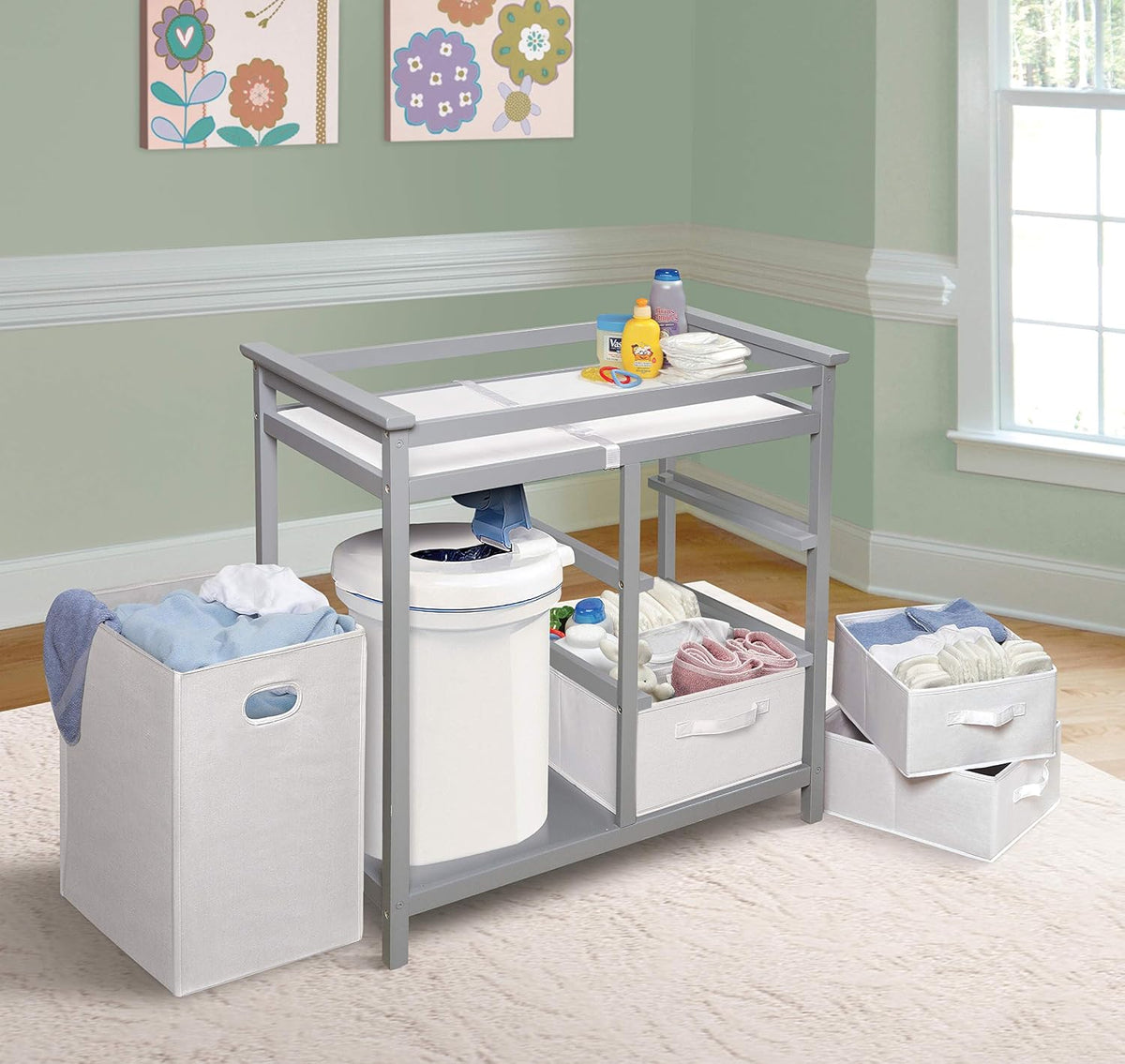 Baby Changing Table with Laundry Hamper & Storage - White