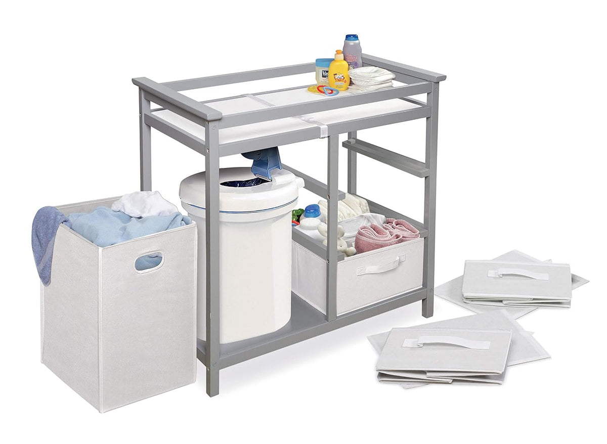 Baby Changing Table with Laundry Hamper & Storage - White