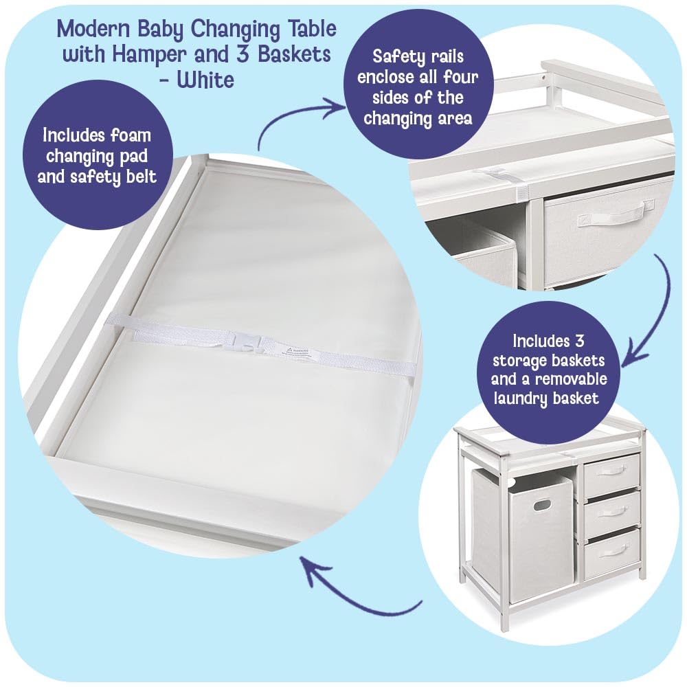 Baby Changing Table with Laundry Hamper & Storage - White