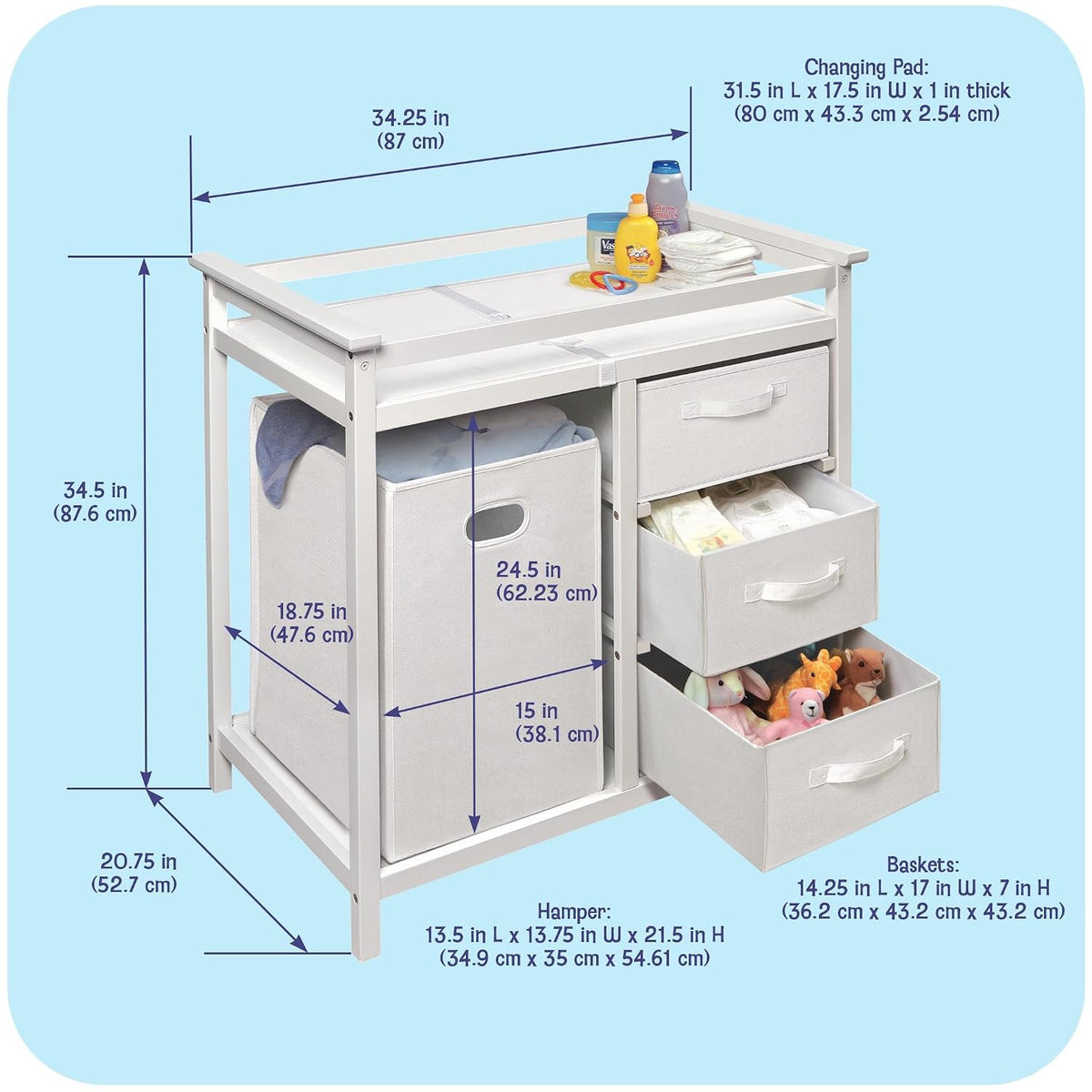 Baby Changing Table with Laundry Hamper & Storage - White