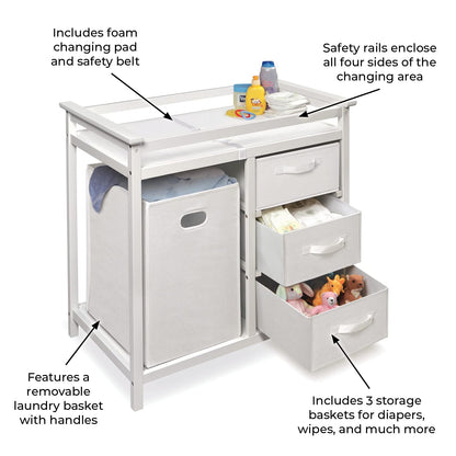 Baby Changing Table with Laundry Hamper & Storage - White