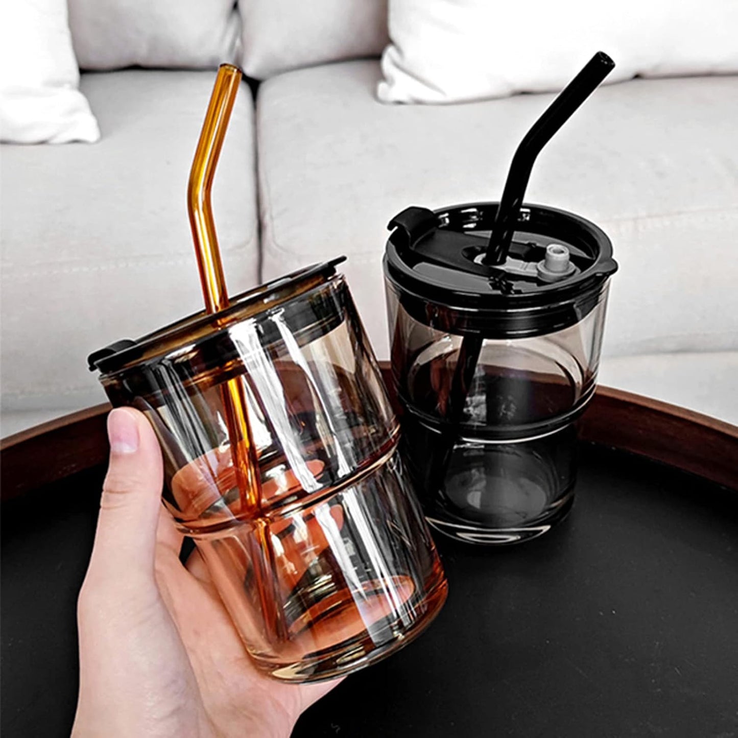13oz/400ml Tumbler Water Glass, Cups with Straw and Lid Sealed Carry on for Coffee, Iced Tea, Thick Wall Insulated Glass Cup (Amber)…