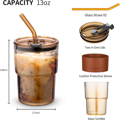 13oz/400ml Tumbler Water Glass, Cups with Straw and Lid Sealed Carry on for Coffee, Iced Tea, Thick Wall Insulated Glass Cup (Amber)…