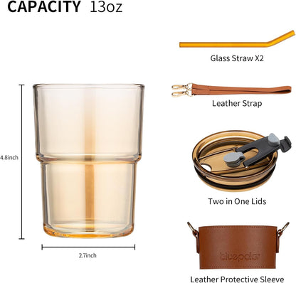 13oz/400ml Tumbler Water Glass, Cups with Straw and Lid Sealed Carry on for Coffee, Iced Tea, Thick Wall Insulated Glass Cup (Amber)…