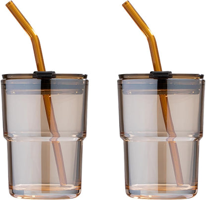13oz/400ml Tumbler Water Glass, Cups with Straw and Lid Sealed Carry on for Coffee, Iced Tea, Thick Wall Insulated Glass Cup (Amber)…