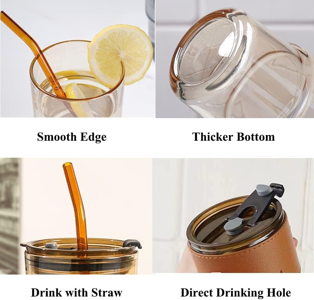 13oz/400ml Tumbler Water Glass, Cups with Straw and Lid Sealed Carry on for Coffee, Iced Tea, Thick Wall Insulated Glass Cup (Amber)…