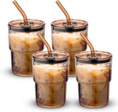 13oz/400ml Tumbler Water Glass, Cups with Straw and Lid Sealed Carry on for Coffee, Iced Tea, Thick Wall Insulated Glass Cup (Amber)…