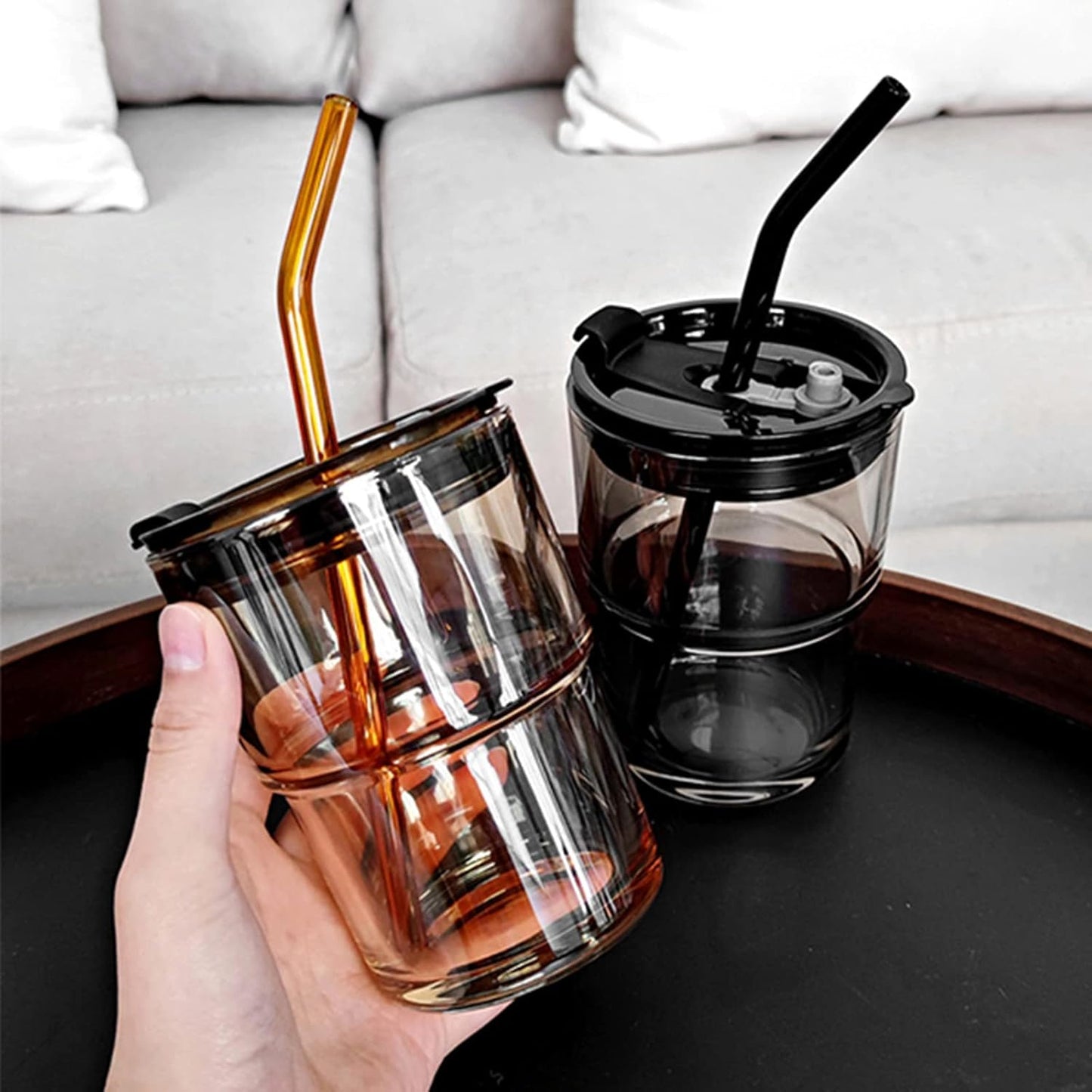13oz/400ml Tumbler Water Glass, Cups with Straw and Lid Sealed Carry on for Coffee, Iced Tea, Thick Wall Insulated Glass Cup (Amber)…