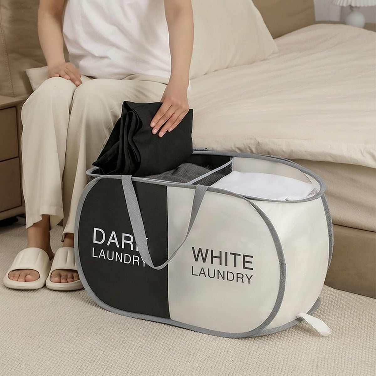 Collapsible Divided Laundry Hamper - Large Capacity Breathable Mesh Laundry Basket with Handles, Home Sorting Storage Bin,Large 31.5"x14"x14"