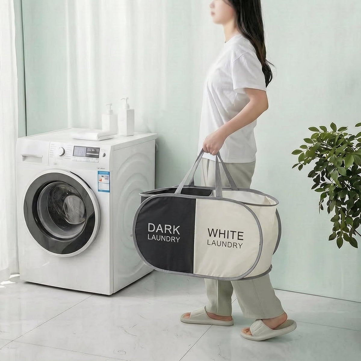 Collapsible Divided Laundry Hamper - Large Capacity Breathable Mesh Laundry Basket with Handles, Home Sorting Storage Bin,Large 31.5"x14"x14"