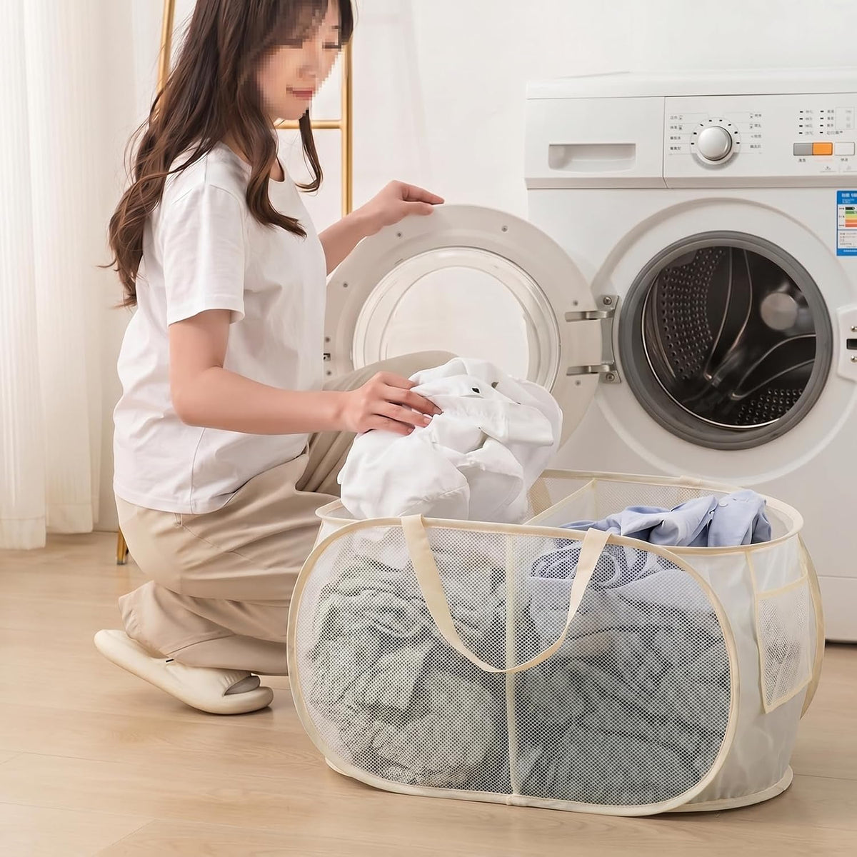 Collapsible Divided Laundry Hamper - Large Capacity Breathable Mesh Laundry Basket with Handles, Home Sorting Storage Bin,Large 31.5"x14"x14"