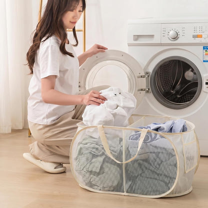 Collapsible Divided Laundry Hamper - Large Capacity Breathable Mesh Laundry Basket with Handles, Home Sorting Storage Bin,Large 31.5"x14"x14"