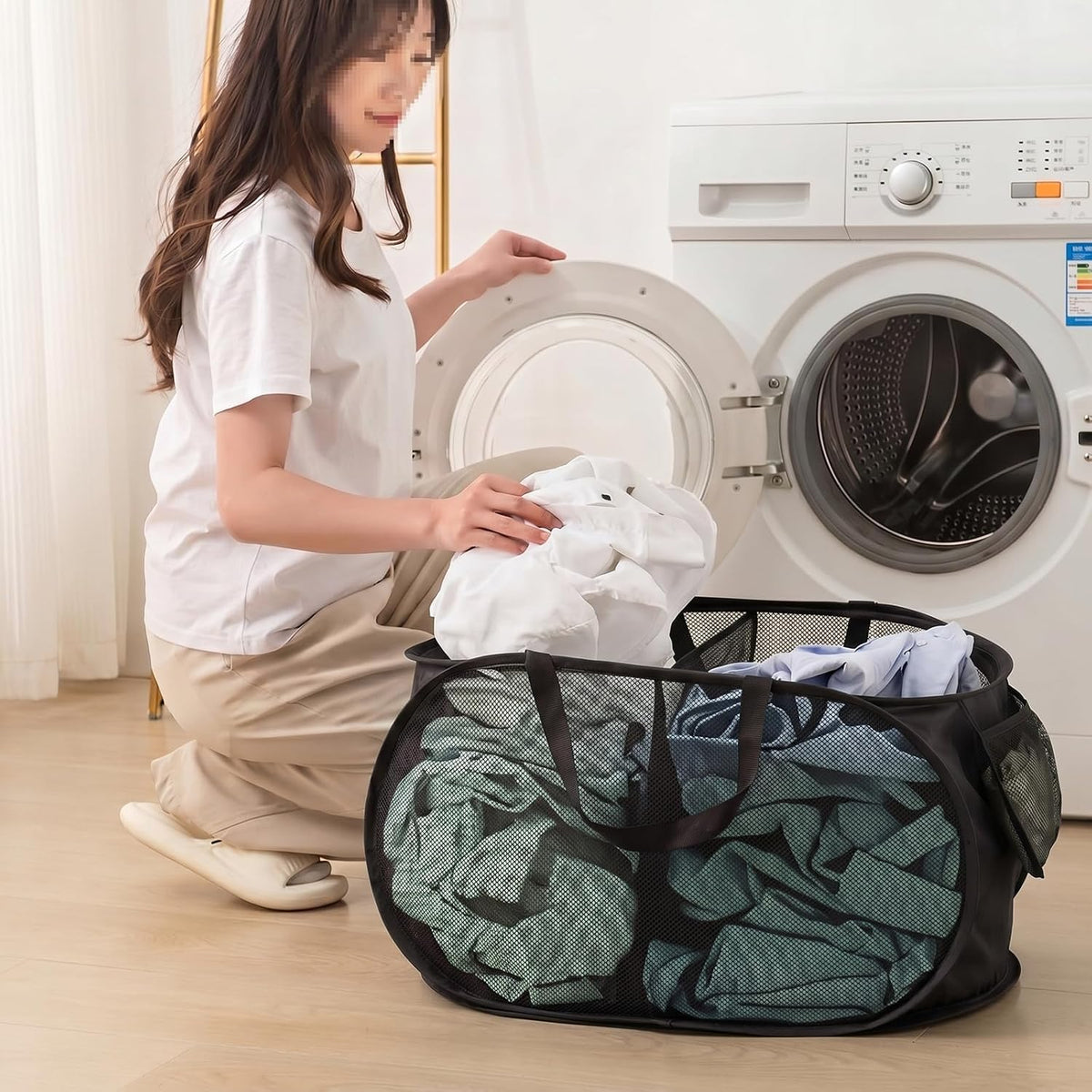 Collapsible Divided Laundry Hamper - Large Capacity Breathable Mesh Laundry Basket with Handles, Home Sorting Storage Bin,Large 31.5"x14"x14"