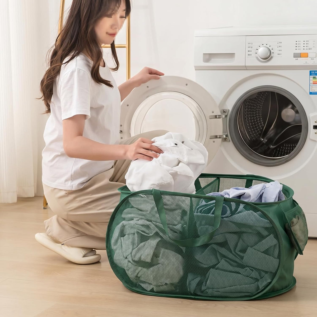 Collapsible Divided Laundry Hamper - Large Capacity Breathable Mesh Laundry Basket with Handles, Home Sorting Storage Bin,Large 31.5"x14"x14"