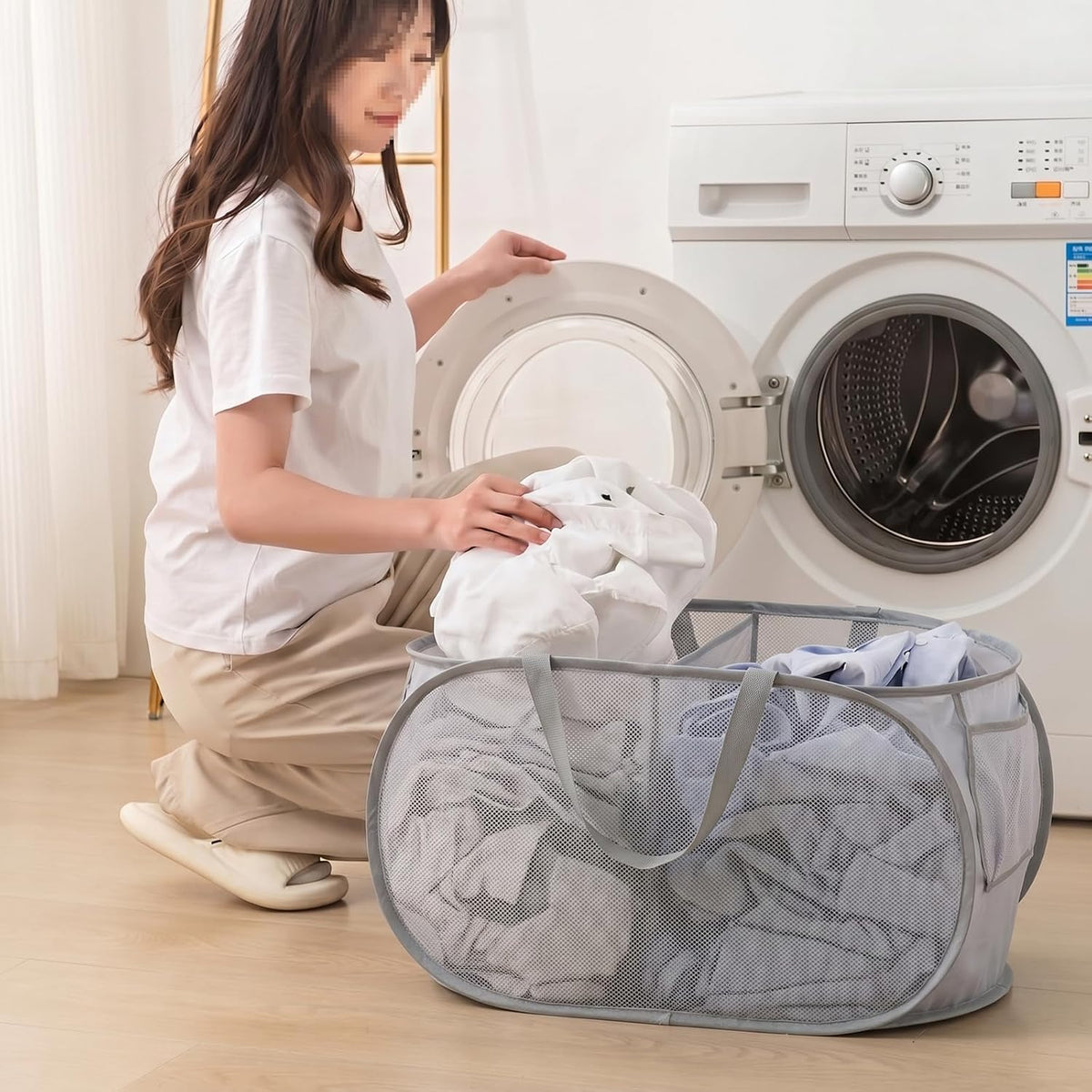 Collapsible Divided Laundry Hamper - Large Capacity Breathable Mesh Laundry Basket with Handles, Home Sorting Storage Bin,Large 31.5"x14"x14"