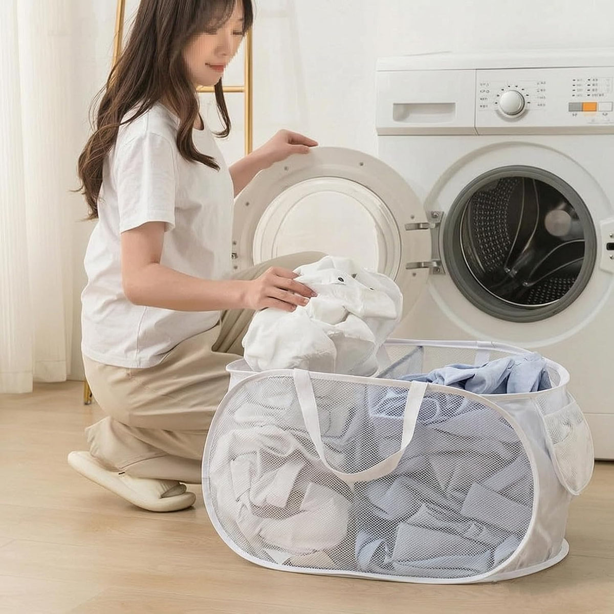 Collapsible Divided Laundry Hamper - Large Capacity Breathable Mesh Laundry Basket with Handles, Home Sorting Storage Bin,Large 31.5"x14"x14"
