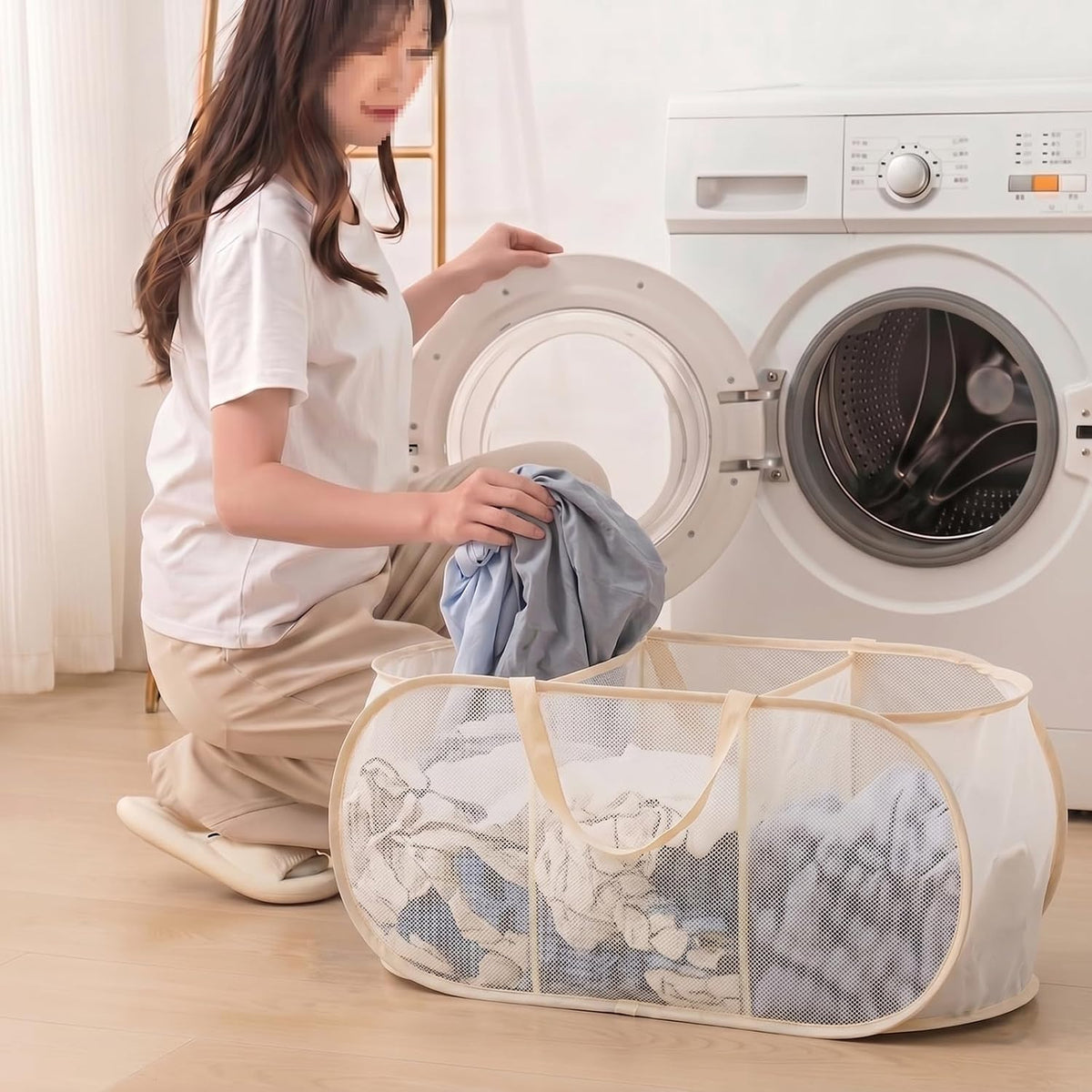 Collapsible Divided Laundry Hamper - Large Capacity Breathable Mesh Laundry Basket with Handles, Home Sorting Storage Bin,Large 31.5"x14"x14"