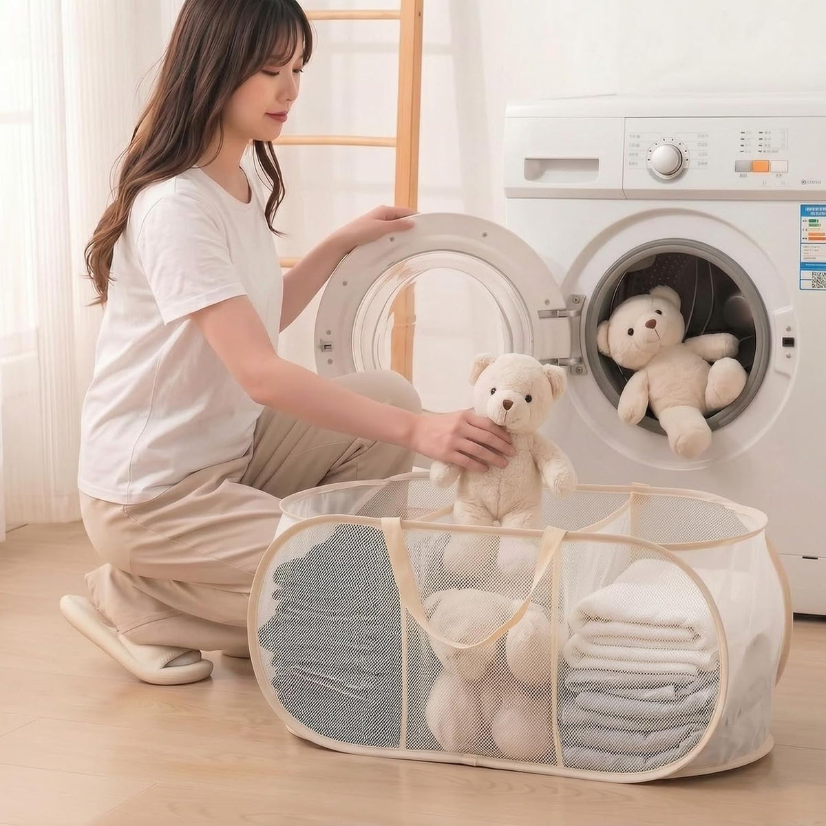 Collapsible Divided Laundry Hamper - Large Capacity Breathable Mesh Laundry Basket with Handles, Home Sorting Storage Bin,Large 31.5"x14"x14"