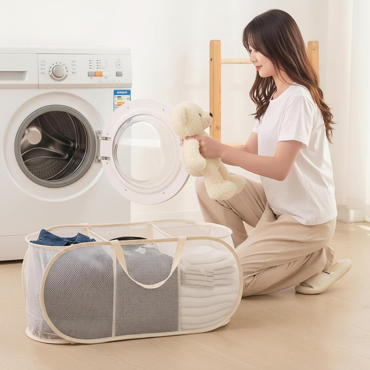 Collapsible Divided Laundry Hamper - Large Capacity Breathable Mesh Laundry Basket with Handles, Home Sorting Storage Bin,Large 31.5"x14"x14"