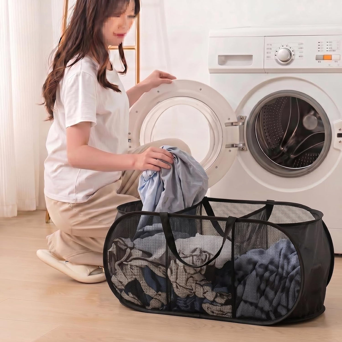 Collapsible Divided Laundry Hamper - Large Capacity Breathable Mesh Laundry Basket with Handles, Home Sorting Storage Bin,Large 31.5"x14"x14"