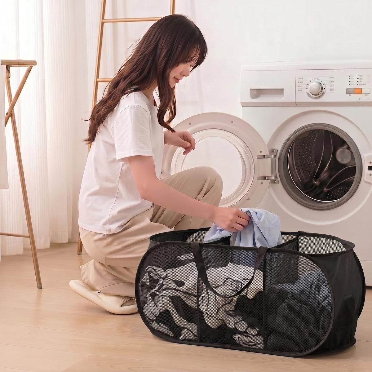 Collapsible Divided Laundry Hamper - Large Capacity Breathable Mesh Laundry Basket with Handles, Home Sorting Storage Bin,Large 31.5"x14"x14"