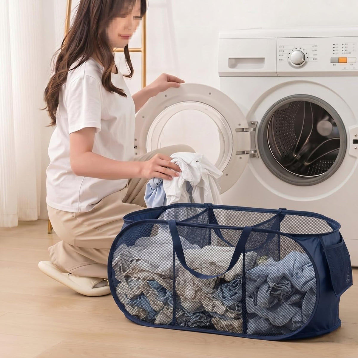 Collapsible Divided Laundry Hamper - Large Capacity Breathable Mesh Laundry Basket with Handles, Home Sorting Storage Bin,Large 31.5"x14"x14"