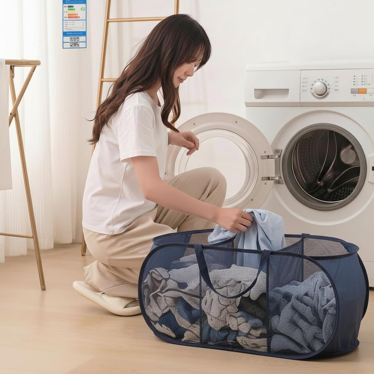 Collapsible Divided Laundry Hamper - Large Capacity Breathable Mesh Laundry Basket with Handles, Home Sorting Storage Bin,Large 31.5"x14"x14"