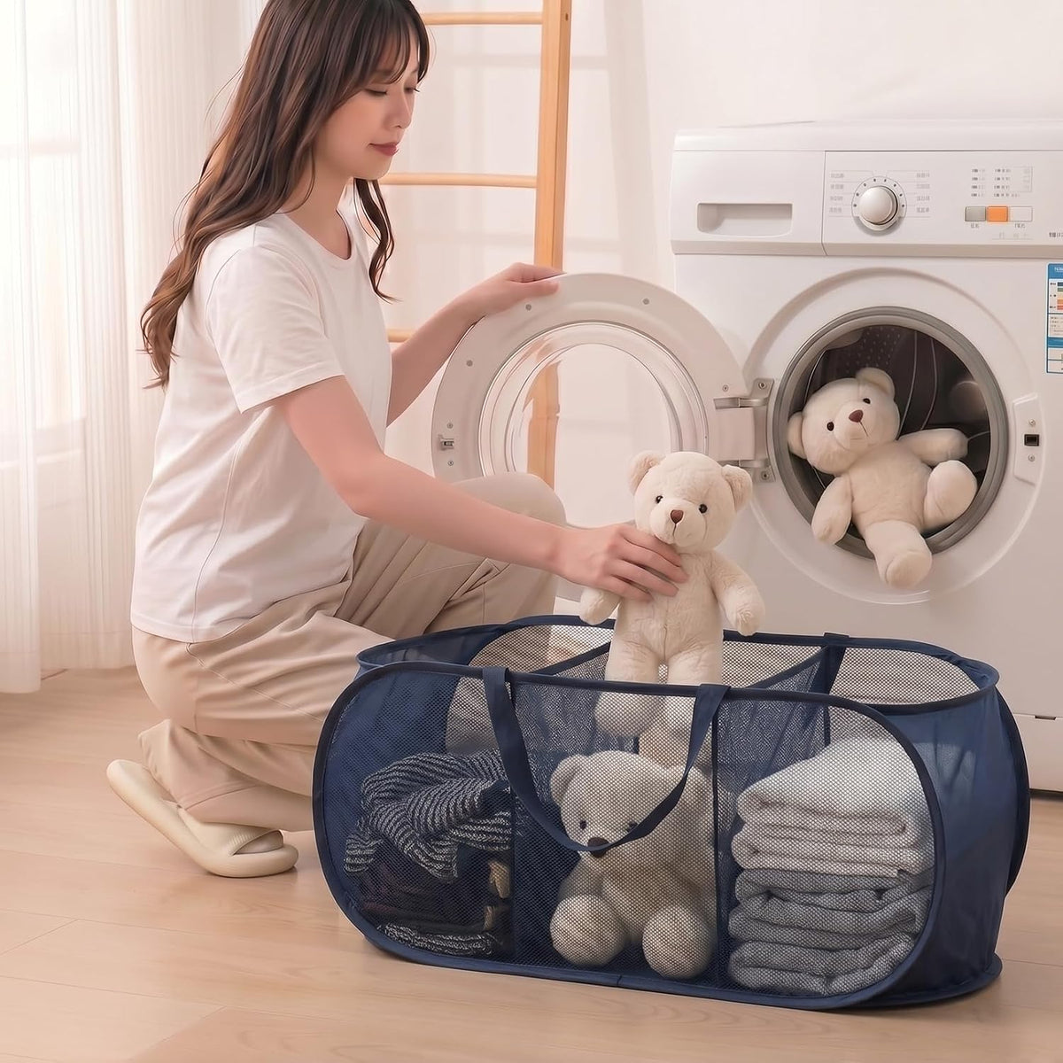 Collapsible Divided Laundry Hamper - Large Capacity Breathable Mesh Laundry Basket with Handles, Home Sorting Storage Bin,Large 31.5"x14"x14"