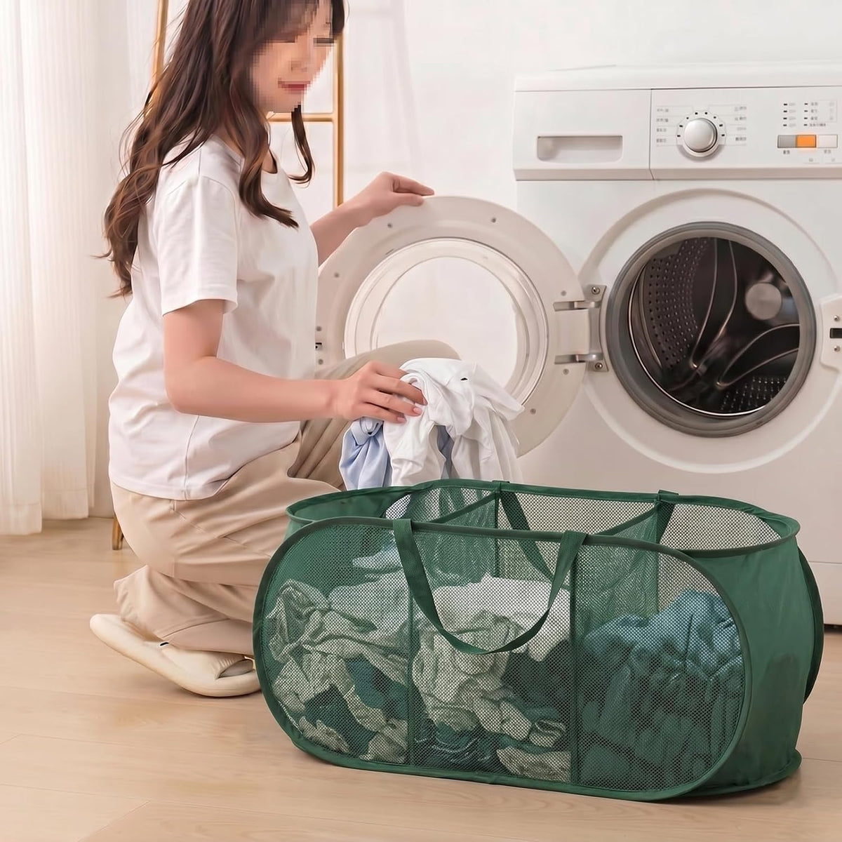 Collapsible Divided Laundry Hamper - Large Capacity Breathable Mesh Laundry Basket with Handles, Home Sorting Storage Bin,Large 31.5"x14"x14"