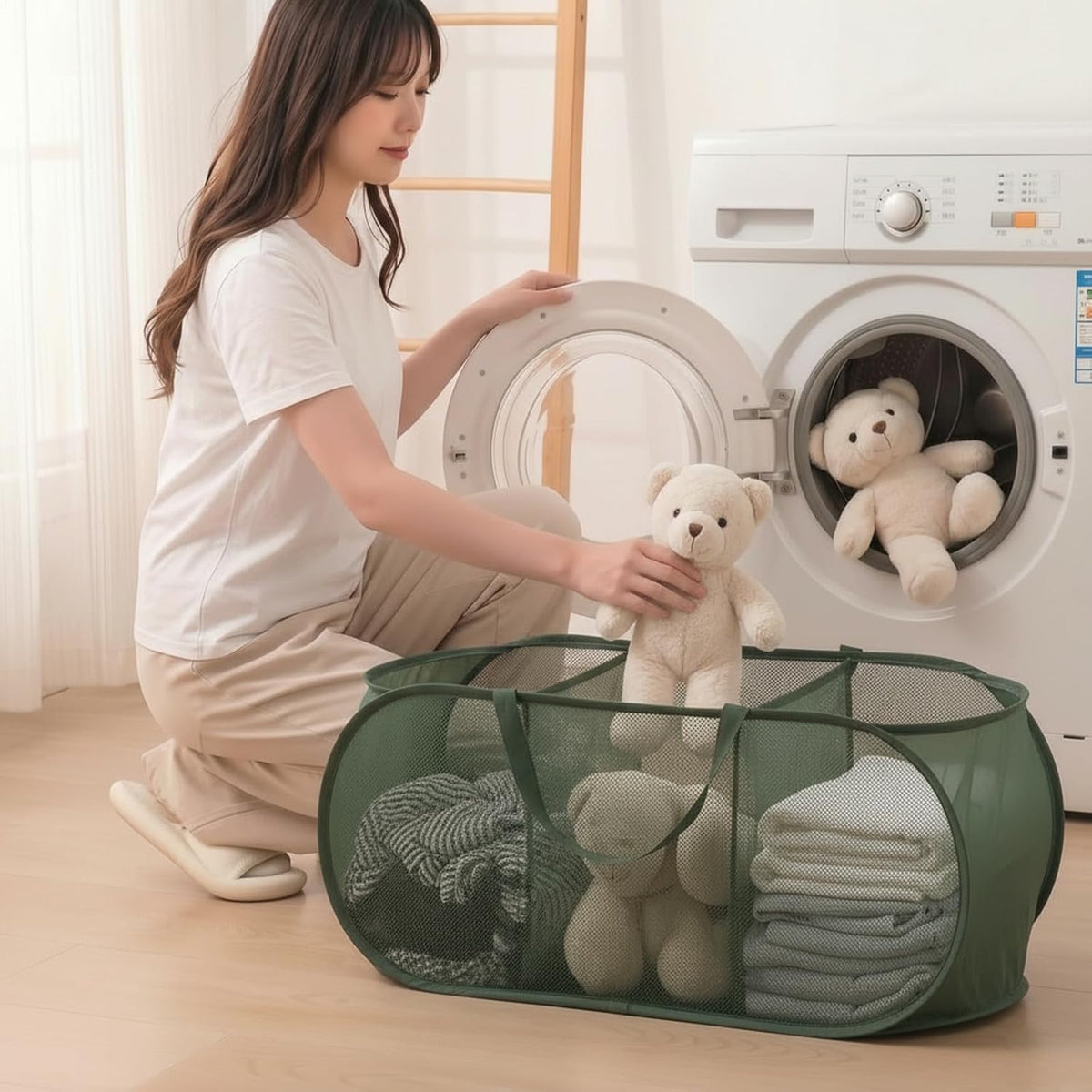 Collapsible Divided Laundry Hamper - Large Capacity Breathable Mesh Laundry Basket with Handles, Home Sorting Storage Bin,Large 31.5"x14"x14"
