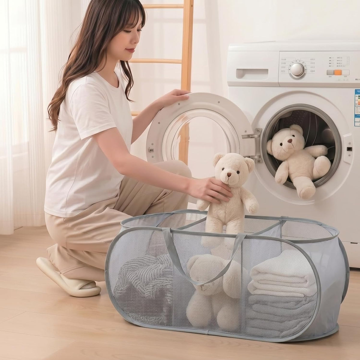 Collapsible Divided Laundry Hamper - Large Capacity Breathable Mesh Laundry Basket with Handles, Home Sorting Storage Bin,Large 31.5"x14"x14"