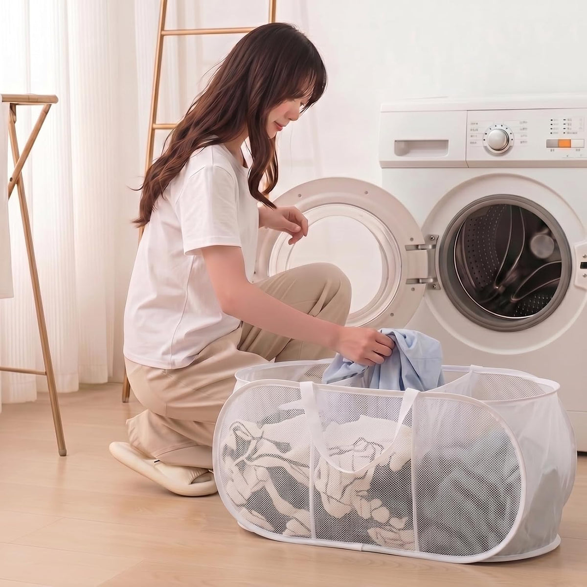 Collapsible Divided Laundry Hamper - Large Capacity Breathable Mesh Laundry Basket with Handles, Home Sorting Storage Bin,Large 31.5"x14"x14"